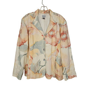 VTG Chicos 3 Linen Blend Floral Watercolor Blazer Lagenlook Pastel Art Jacket 16